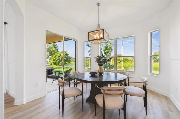 Dining room, Interior, Pendant Lights, Wood Texture Flooring
