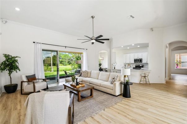 Interior, Kitchen, Living room, Recessed Lighting, Stainless Steel Appliances, Wood Texture Flooring