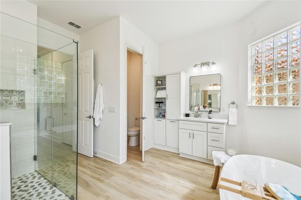 Bathroom, Glass Shower, Interior, Wood Texture Flooring