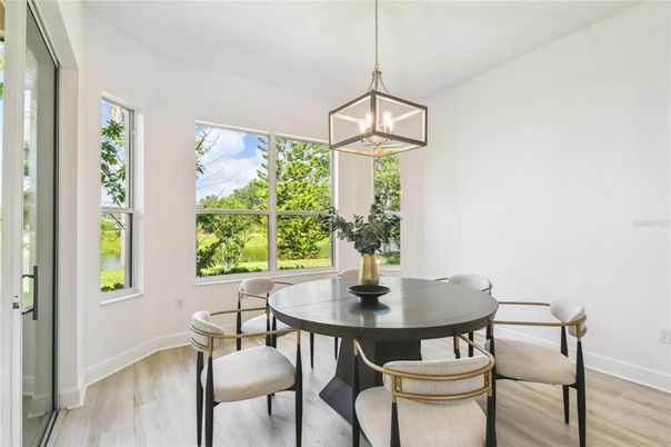 Dining room, Interior, Pendant Lights, Wood Texture Flooring
