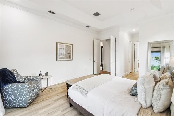Bedroom, Interior, Recessed Lighting, Wood Texture Flooring