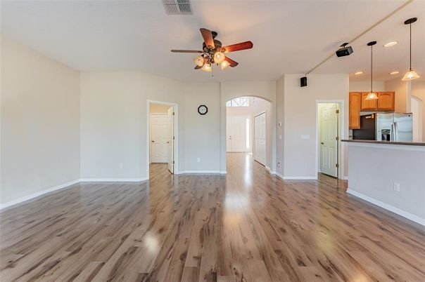 Empty room, Interior, Kitchen, Pendant Lights, Recessed Lighting, Wood Texture Flooring