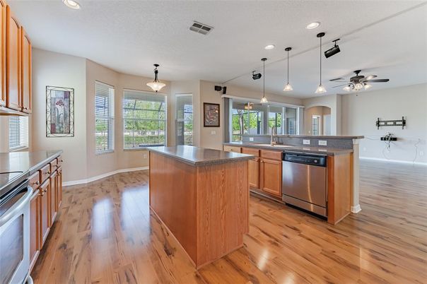 Interior, Kitchen, Pendant Lights, Recessed Lighting, Wood Texture Flooring