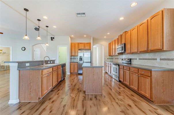 Interior, Kitchen, Pendant Lights, Recessed Lighting, Stainless Steel Appliances, Wood Texture Flooring