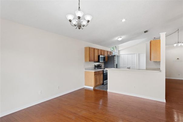 Chandelier, Interior, Kitchen, Stainless Steel Appliances, Wood Texture Flooring