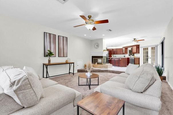 Fireplace, Interior, Kitchen, Living room, Recessed Lighting