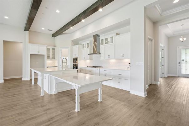 Interior, Kitchen, Pendant Lights, Recessed Lighting, Wooden Beams, Wood Texture Flooring