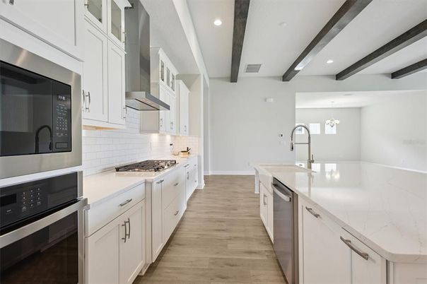 Interior, Kitchen, Recessed Lighting, Stainless Steel Appliances, Wooden Beams, Wood Texture Flooring