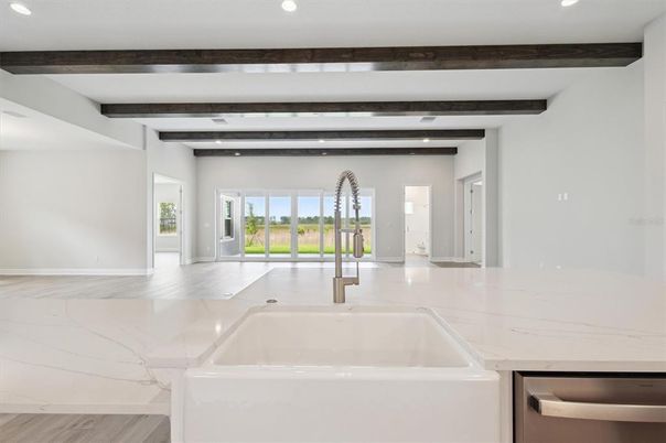 Interior, Kitchen, Recessed Lighting, Wooden Beams, Wood Texture Flooring