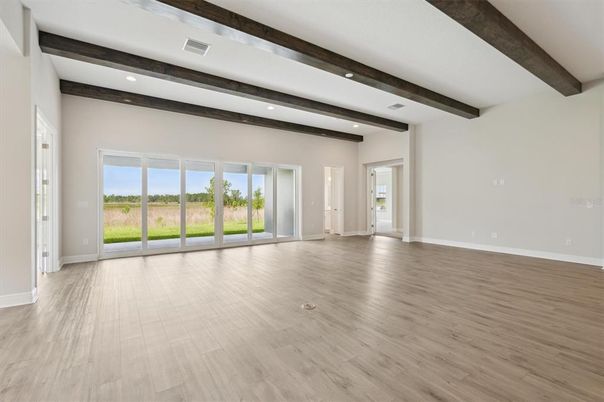 Empty room, Interior, Recessed Lighting, Wooden Beams, Wood Texture Flooring