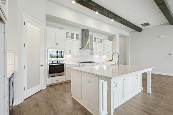Interior, Kitchen, Recessed Lighting, Stainless Steel Appliances, Wooden Beams, Wood Texture Flooring