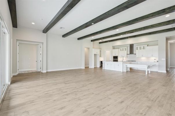 Empty room, Interior, Kitchen, Recessed Lighting, Wooden Beams, Wood Texture Flooring