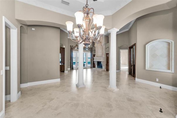 Chandelier, Empty room, Fireplace, Interior