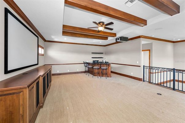 Interior, Projection Screen, Recessed Lighting, Wooden Beams