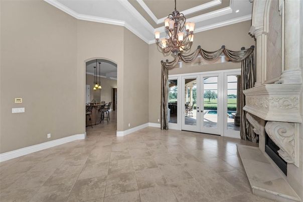 Chandelier, Dining room, Fireplace, Interior