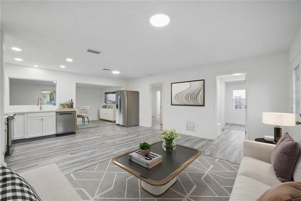Interior, Kitchen, Living room, Recessed Lighting, Stainless Steel Appliances, Wood Texture Flooring