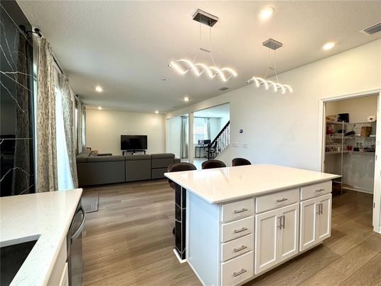 Interior, Kitchen, Living room, Pendant Lights, Recessed Lighting, Wood Texture Flooring