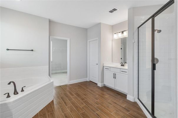 Bathroom, Glass Shower, Interior, Wood Texture Flooring