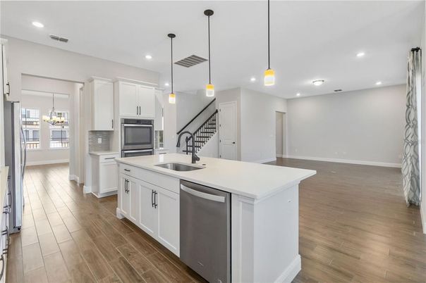 Interior, Kitchen, Pendant Lights, Recessed Lighting, Stainless Steel Appliances, Wood Texture Flooring