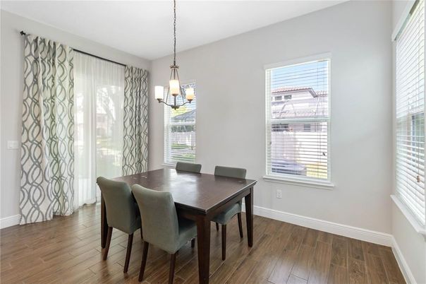 Dining room, Interior, Pendant Lights, Wood Texture Flooring