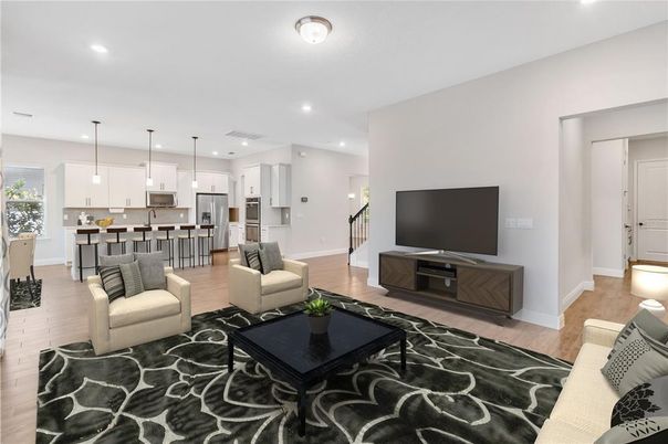 Interior, Kitchen, Living room, Pendant Lights, Recessed Lighting, Stainless Steel Appliances, Wood Texture Flooring