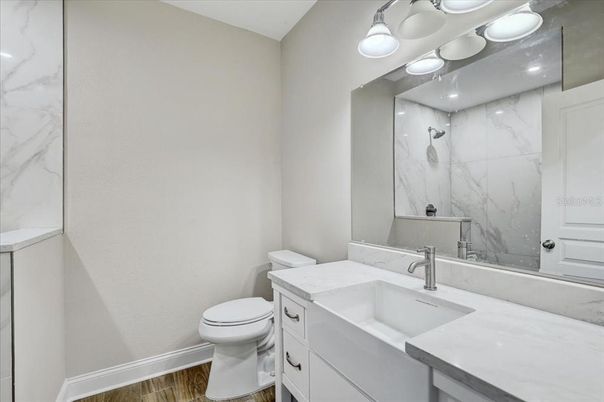 Bathroom, Interior, Marble Walls, Wood Texture Flooring