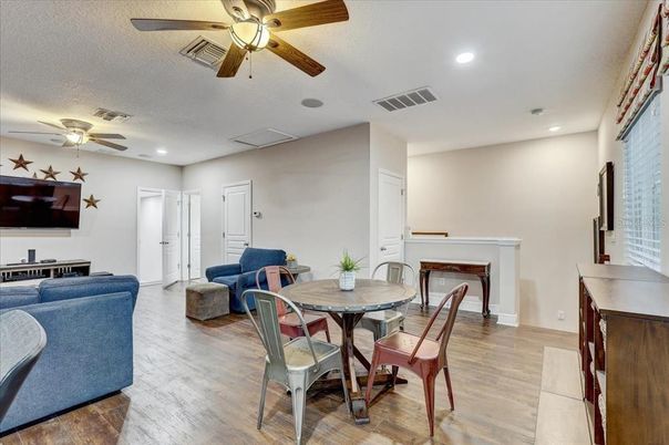 Dining room, Fireplace, Interior, Recessed Lighting, Wood Texture Flooring