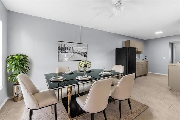 Dining room, Interior, Recessed Lighting, Wood Texture Flooring