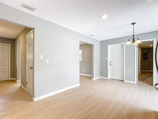 Empty room, Interior, Pendant Lights, Recessed Lighting, Wood Texture Flooring