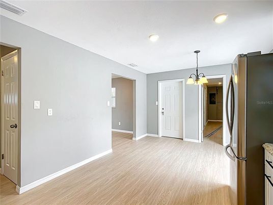 Empty room, Interior, Kitchen, Pendant Lights, Recessed Lighting, Wood Texture Flooring