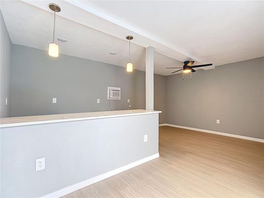 Empty room, Interior, Pendant Lights, Wood Texture Flooring