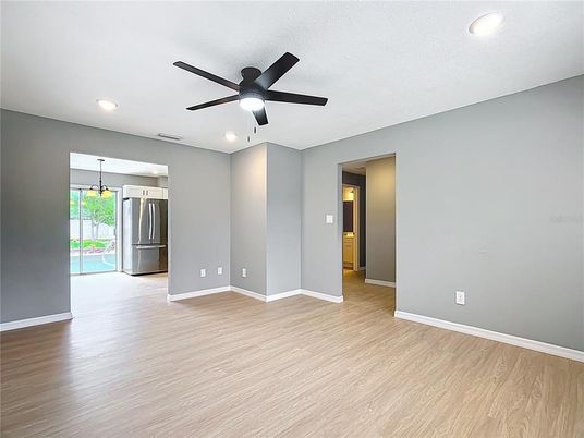 Empty room, Interior, Kitchen, Pendant Lights, Recessed Lighting, Wood Texture Flooring