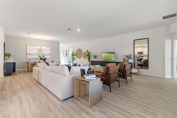 Dining room, Interior, Living room, Recessed Lighting, Wood Texture Flooring