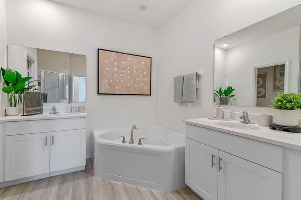 Bathroom, Dual Sink Vanities, Interior, Recessed Lighting, Wood Texture Flooring