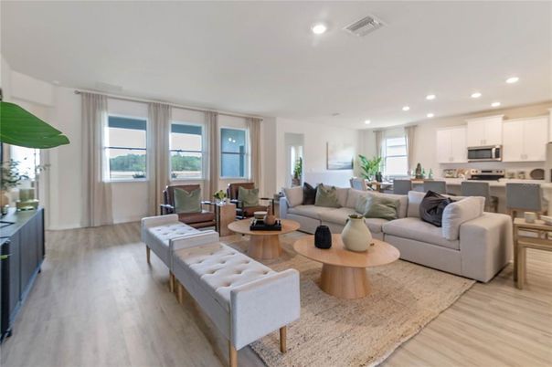 Dining room, Interior, Kitchen, Living room, Recessed Lighting, Stainless Steel Appliances, Wood Texture Flooring