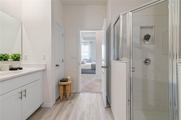 Bathroom, Bedroom, Glass Shower, Interior, Wood Texture Flooring