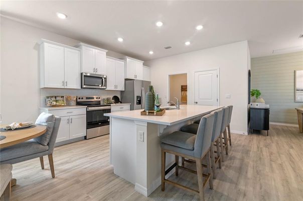 Interior, Kitchen, Recessed Lighting, Stainless Steel Appliances, Wood Texture Flooring
