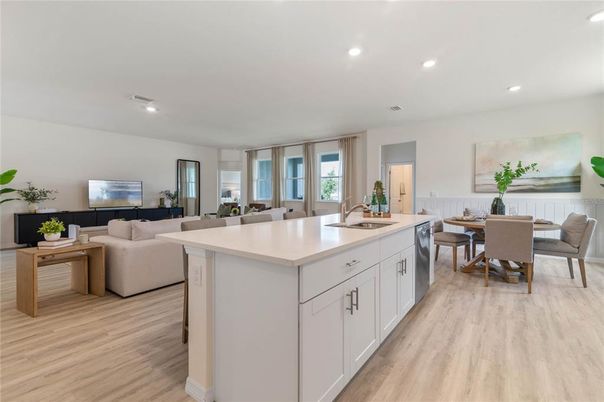 Dining room, Interior, Kitchen, Living room, Recessed Lighting, Wood Texture Flooring