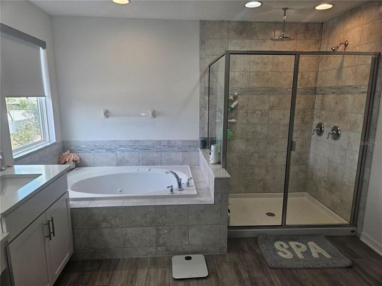 Bathroom, Glass Shower, Interior, Recessed Lighting, Wood Texture Flooring