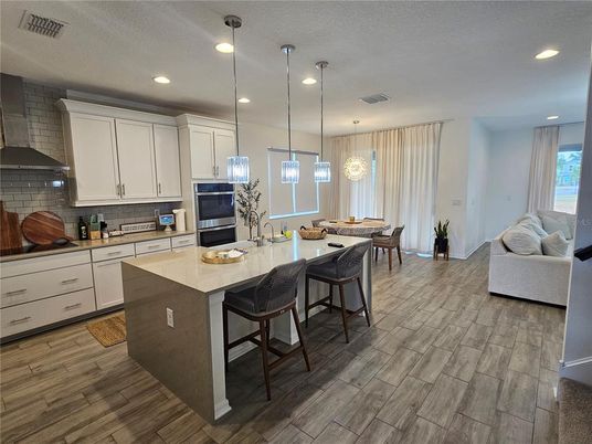 Dining room, Interior, Kitchen, Pendant Lights, Recessed Lighting, Wood Texture Flooring