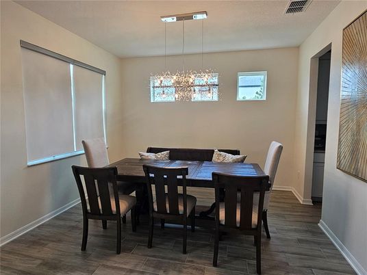 Dining room, Interior, Pendant Lights, Wood Texture Flooring