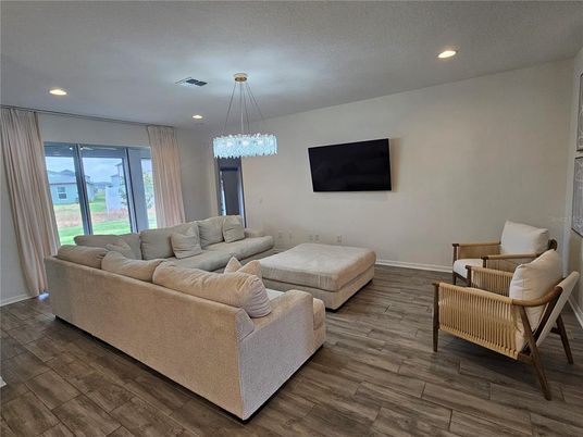 Chandelier, Interior, Living room, Recessed Lighting, Wood Texture Flooring