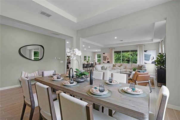 Dining room, Interior, Living room, Recessed Lighting, Wood Texture Flooring