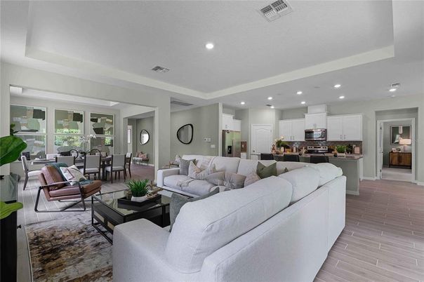 Dining room, Interior, Kitchen, Living room, Recessed Lighting, Stainless Steel Appliances, Wood Texture Flooring
