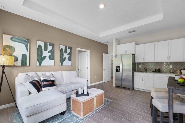 Interior, Kitchen, Living room, Recessed Lighting, Stainless Steel Appliances, Wood Texture Flooring