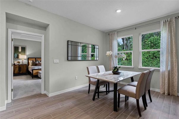 Bedroom, Dining room, Interior, Recessed Lighting, Wood Texture Flooring