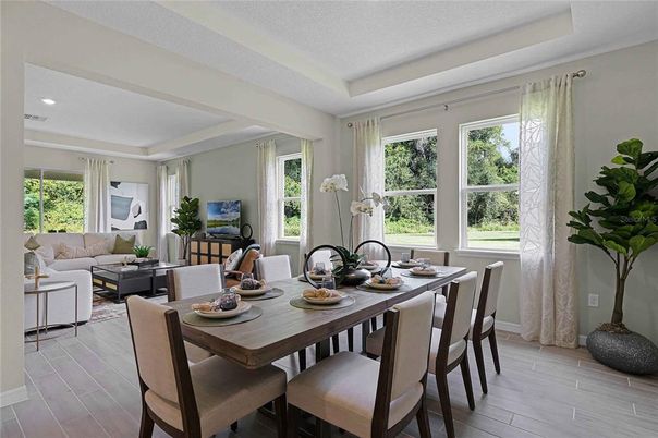 Dining room, Interior, Living room, Recessed Lighting, Wood Texture Flooring