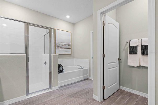 Bathroom, Glass Shower, Interior, Recessed Lighting, Wood Texture Flooring