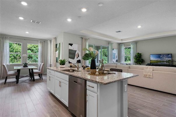 Dining room, Interior, Kitchen, Living room, Recessed Lighting, Wood Texture Flooring