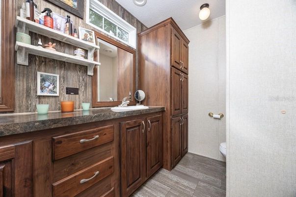 Bathroom, Interior, Recessed Lighting, Wood Texture Flooring